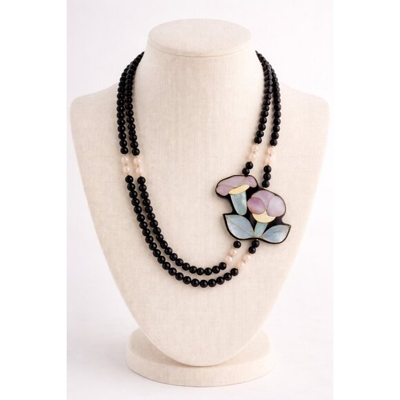 Anne Gee Jewelry - Anne Gee Black Beaded Mother Of Pearl Floral Statement Necklace